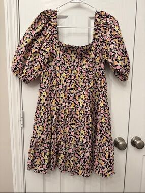 WAYF Black Floral Puff-Sleeve Dress with Pink & Yellow Flowers